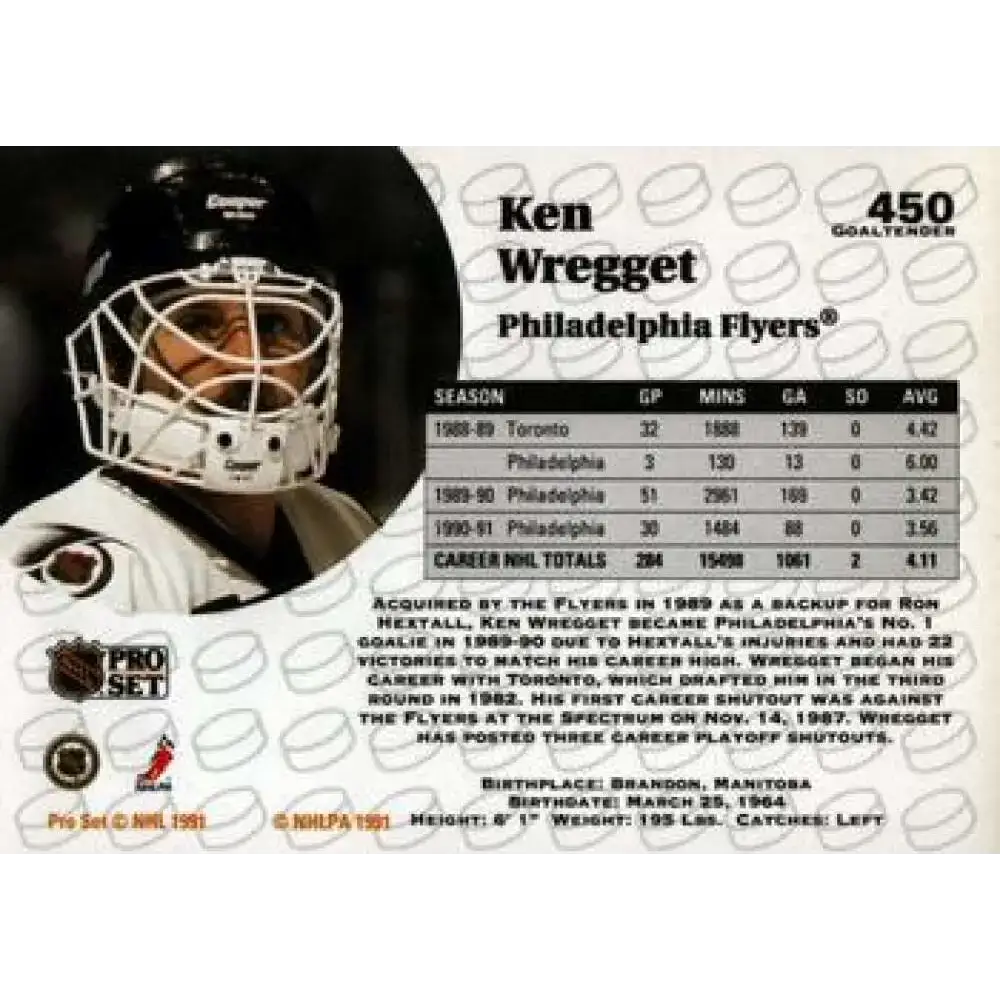 1991-92 Pro Set #450 Ken Wregget NM-MT Philadelphia Flyers Hockey Card - Hockey Card Single
