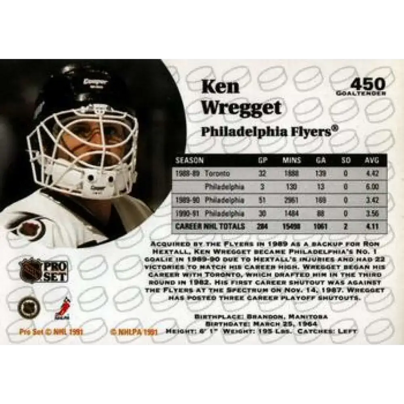 1991-92 Pro Set #450 Ken Wregget NM-MT Philadelphia Flyers Hockey Card - Hockey Card Single