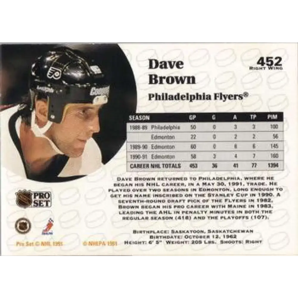 1991-92 Pro Set #452 Dave Brown NM-MT Philadelphia Flyers Hockey Card - Hockey Card Single