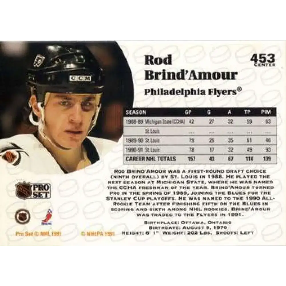 1991-92 Pro Set #453 Rod Brind’Amour NM-MT Philadelphia Flyers Hockey Card - Hockey Card Single