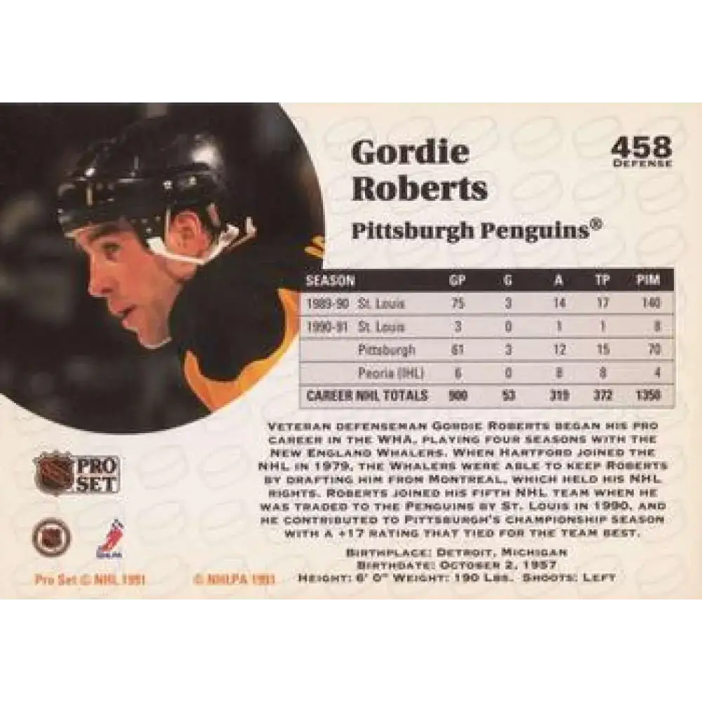 1991-92 Pro Set #458 Gordie Roberts NM-MT Pittsburgh Penguins Hockey Card - Hockey Card Single