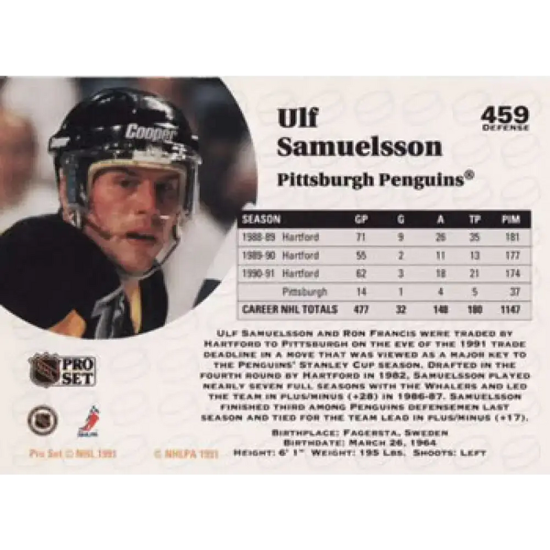 1991-92 Pro Set #459 Ulf Samuelsson NM-MT Pittsburgh Penguins Hockey Card - Hockey Card Single
