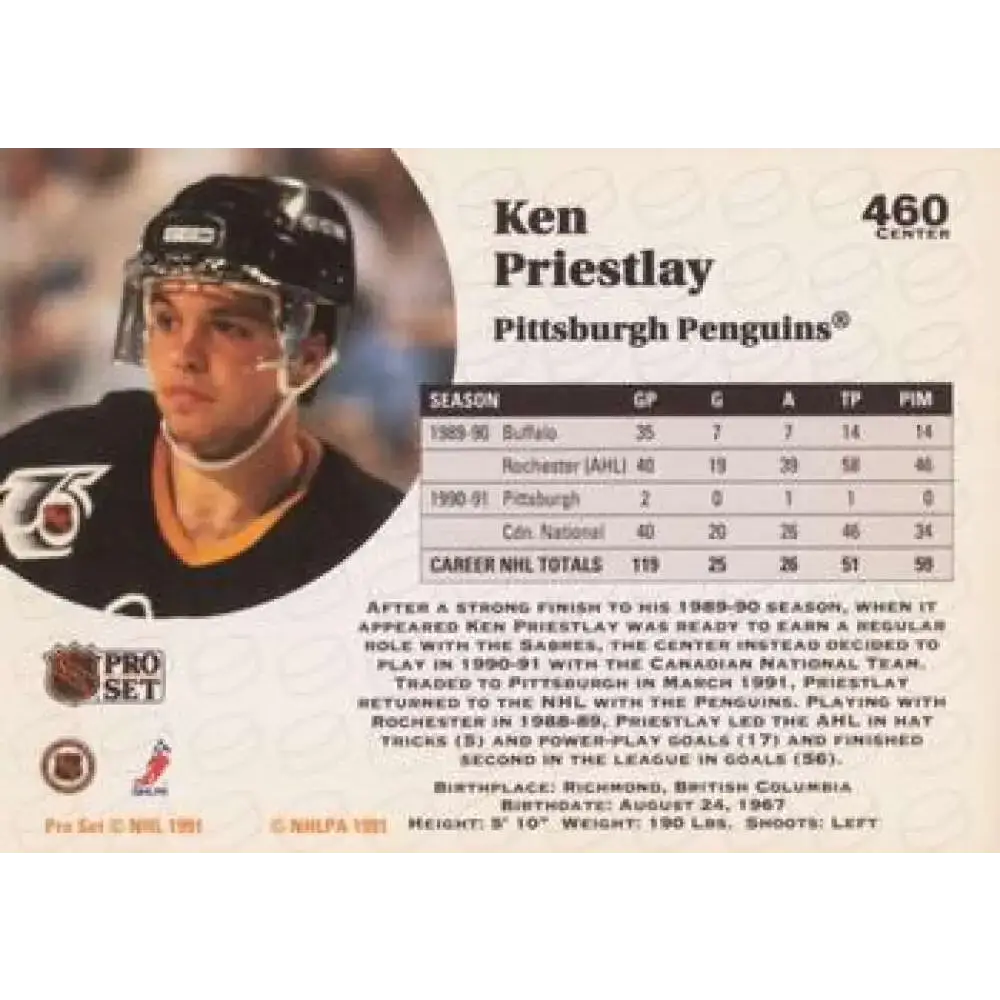 1991-92 Pro Set #460 Ken Priestlay NM-MT Pittsburgh Penguins Hockey Card - Hockey Card Single