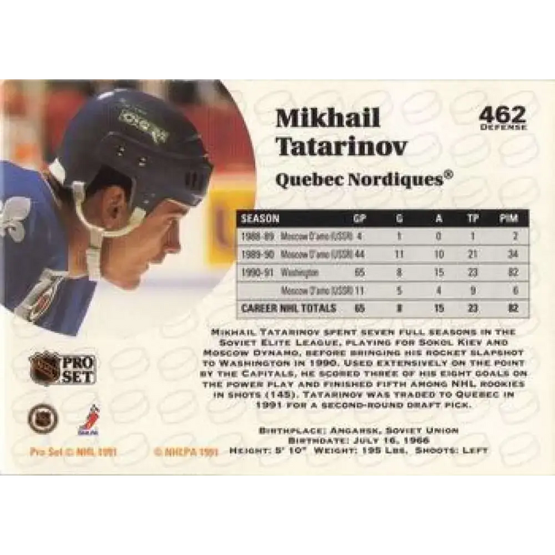 1991-92 Pro Set #462 Mikhail Tatarinov NM-MT Quebec Nordiques Hockey Card - Hockey Card Single