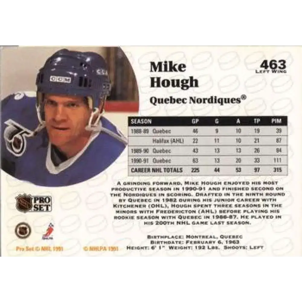 1991-92 Pro Set #463 Mike Hough NM-MT Quebec Nordiques Hockey Card - Hockey Card Single
