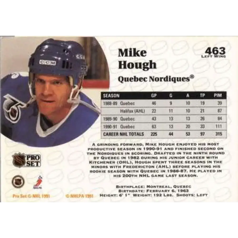 1991-92 Pro Set #463 Mike Hough NM-MT Quebec Nordiques Hockey Card - Hockey Card Single