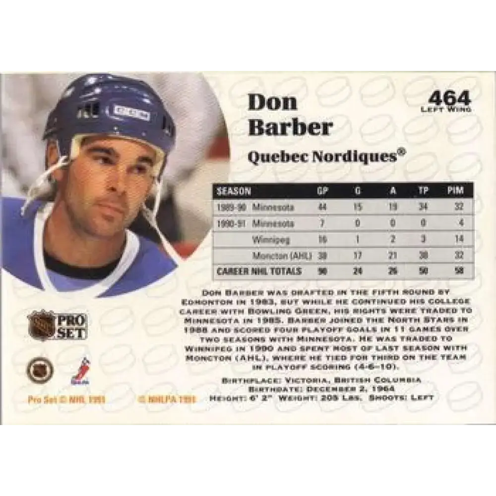 1991-92 Pro Set #464 Don Barber NM-MT Quebec Nordiques Hockey Card - Hockey Card Single