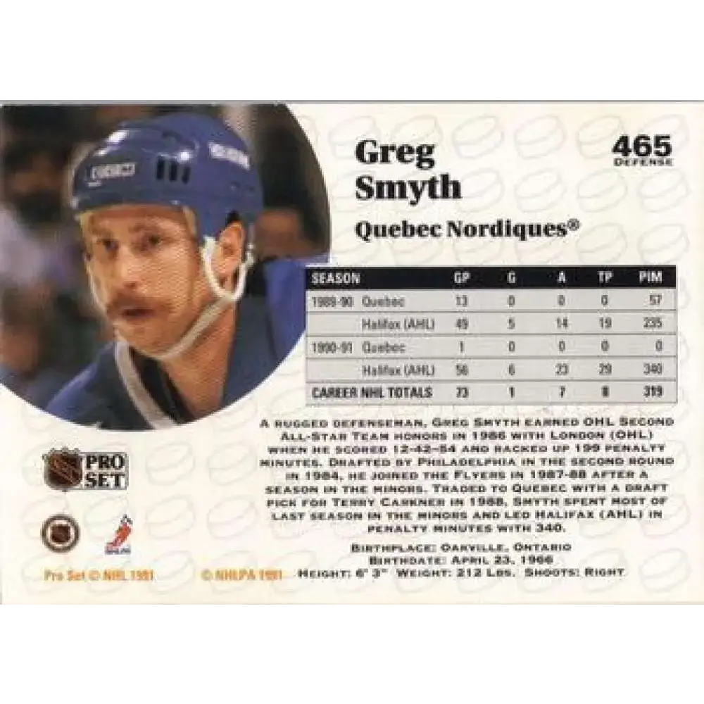 1991-92 Pro Set #465 Greg Smyth NM-MT RC Rookie Quebec Nordiques Hockey Card - Hockey Card Single
