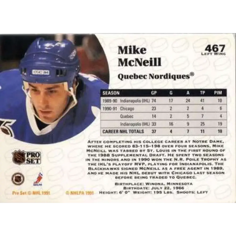 1991-92 Pro Set #467 Mike McNeill NM-MT Quebec Nordiques Hockey Card - Hockey Card Single
