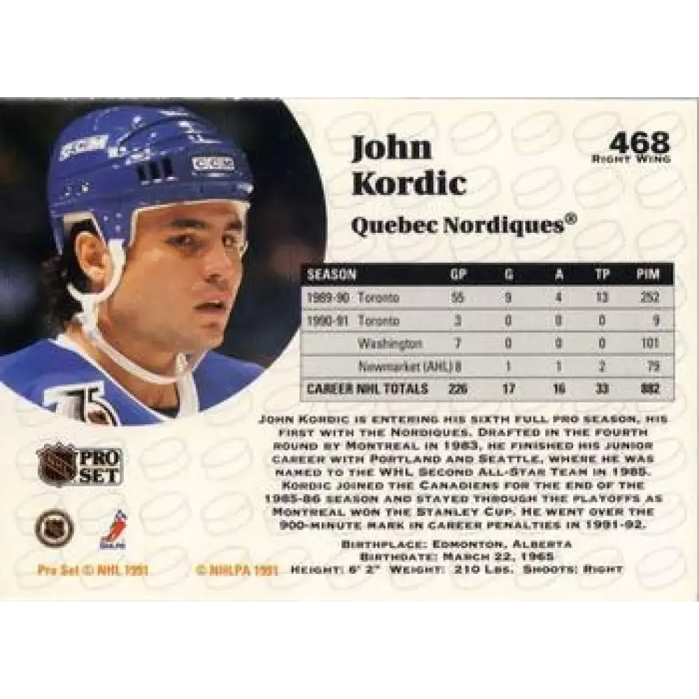 1991-92 Pro Set #468 John Kordic NM-MT Quebec Nordiques Hockey Card - Hockey Card Single