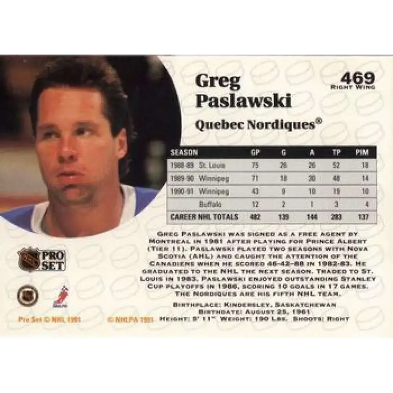 1991-92 Pro Set #469 Greg Paslawski NM-MT Quebec Nordiques Hockey Card - Hockey Card Single
