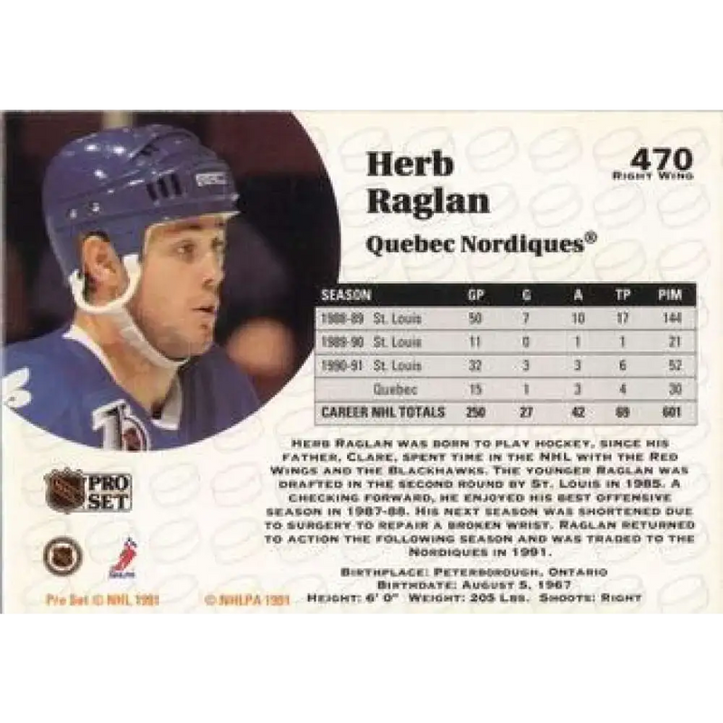 1991-92 Pro Set #470 Herb Raglan NM-MT Quebec Nordiques Hockey Card - Hockey Card Single