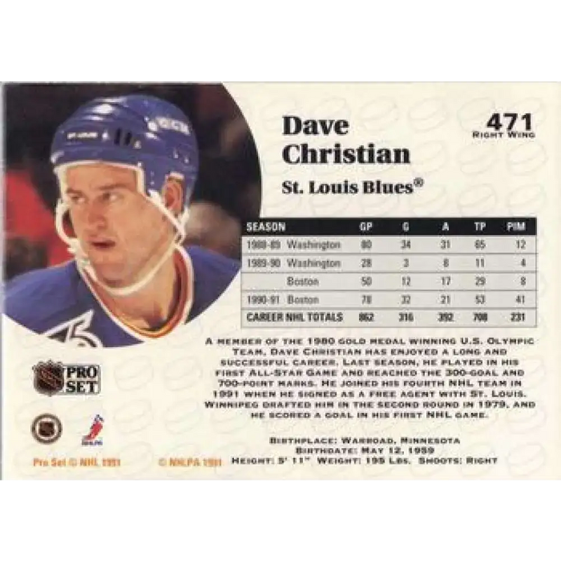 1991-92 Pro Set #471 Dave Christian NM-MT San Jose Sharks Hockey Card - Hockey Card Single