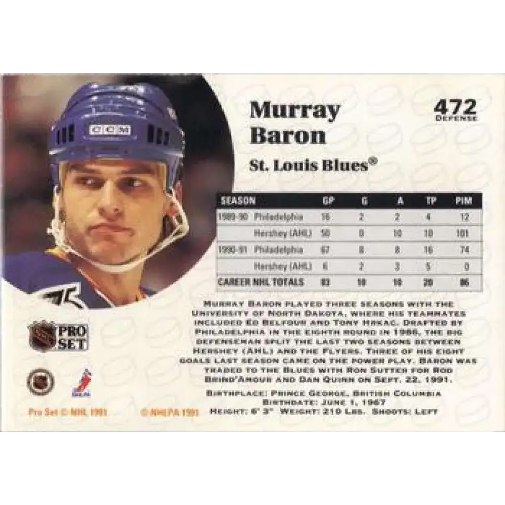 1991-92 Pro Set #472 Murray Baron NM-MT San Jose Sharks Hockey Card - Hockey Card Single