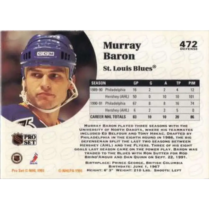 1991-92 Pro Set #472 Murray Baron NM-MT San Jose Sharks Hockey Card - Hockey Card Single