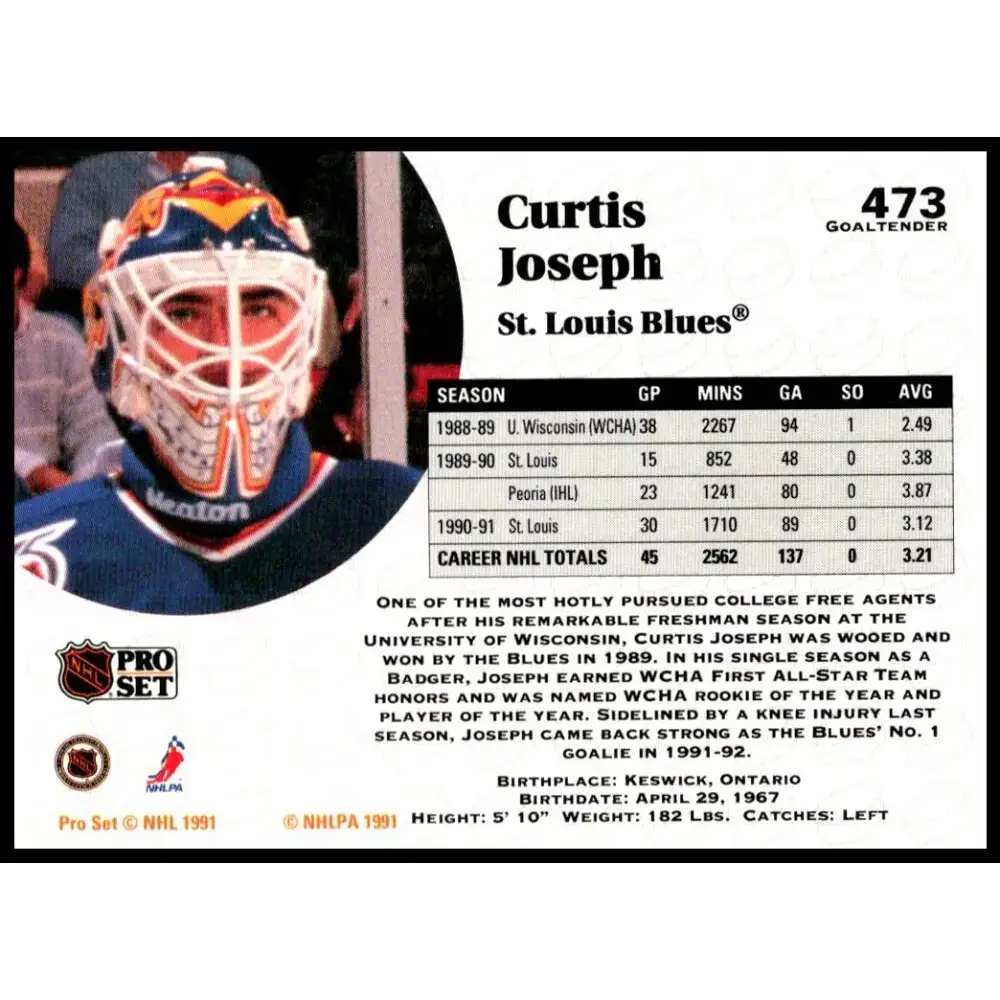1991-92 Pro Set #473 Curtis Joseph NM-MT San Jose Sharks Hockey Card - Hockey Card Single