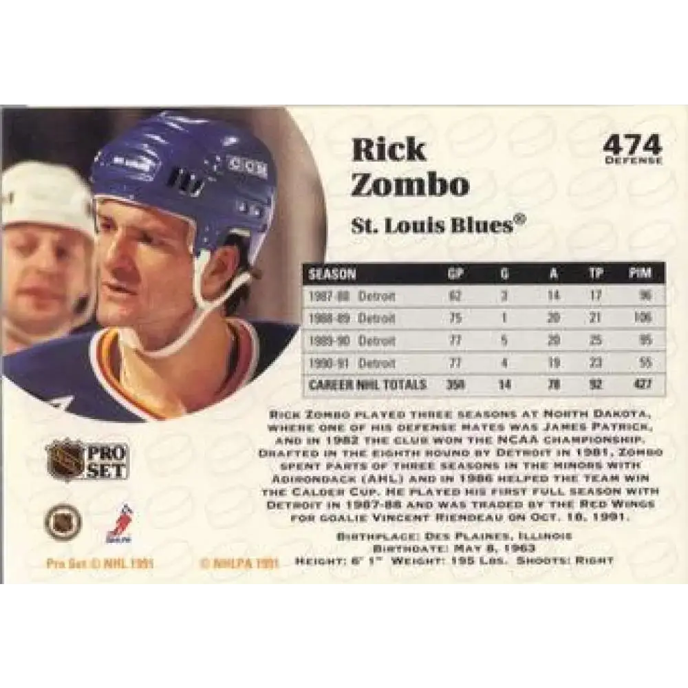 1991-92 Pro Set #474 Rick Zombo NM-MT San Jose Sharks Hockey Card - Hockey Card Single