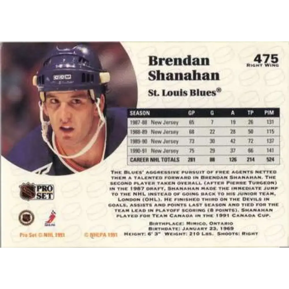 1991-92 Pro Set #475 Brendan Shanahan NM-MT San Jose Sharks Hockey Card - Hockey Card Single