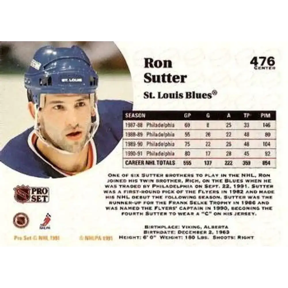 1991-92 Pro Set #476 Ron Sutter NM-MT San Jose Sharks Hockey Card - Hockey Card Single