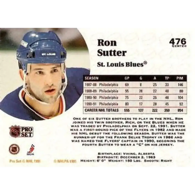 1991-92 Pro Set #476 Ron Sutter NM-MT San Jose Sharks Hockey Card - Hockey Card Single