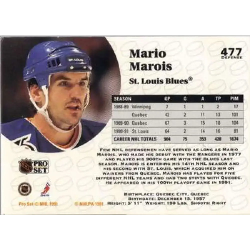 1991-92 Pro Set #477 Mario Marois NM-MT San Jose Sharks Hockey Card - Hockey Card Single
