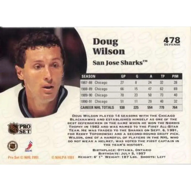 1991-92 Pro Set #478 Doug Wilson NM-MT St. Louis Blues Hockey Card - Hockey Card Single