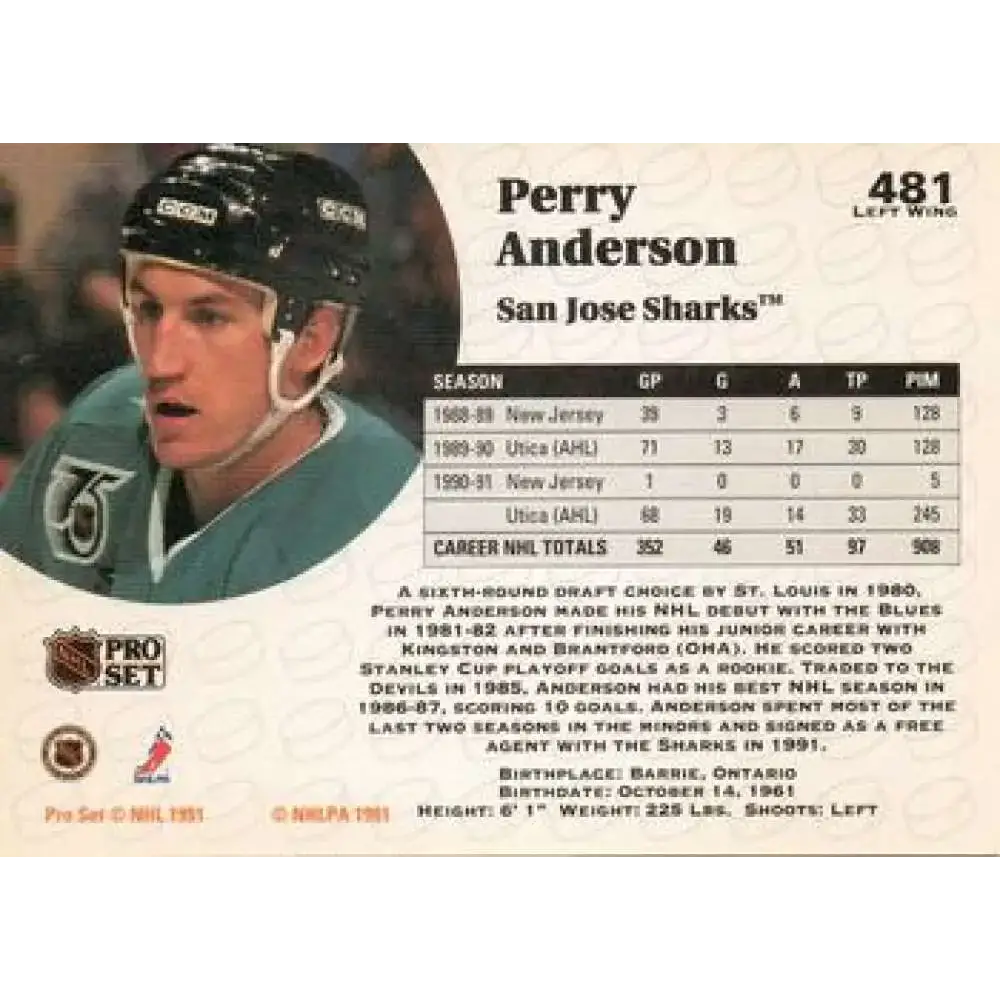 1991-92 Pro Set #481 Perry Anderson NM-MT St. Louis Blues Hockey Card - Hockey Card Single
