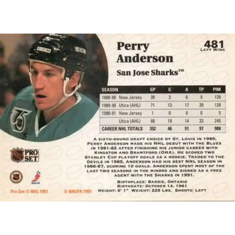1991-92 Pro Set #481 Perry Anderson NM-MT St. Louis Blues Hockey Card - Hockey Card Single