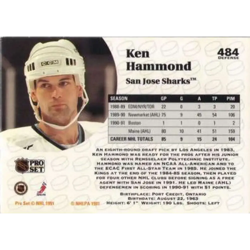 1991-92 Pro Set #484 Ken Hammond NM-MT RC Rookie St. Louis Blues Hockey Card - Hockey Card Single