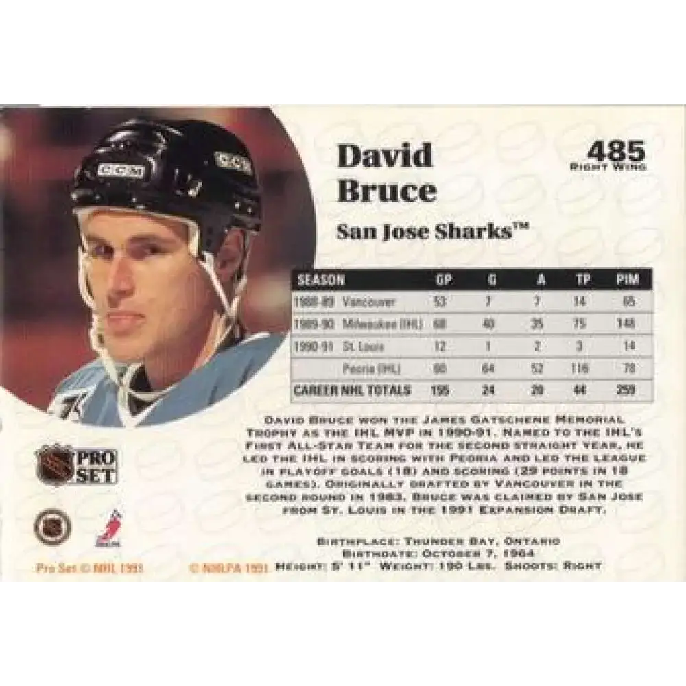 1991-92 Pro Set #485 David Bruce NM-MT RC Rookie St. Louis Blues Hockey Card - Hockey Card Single
