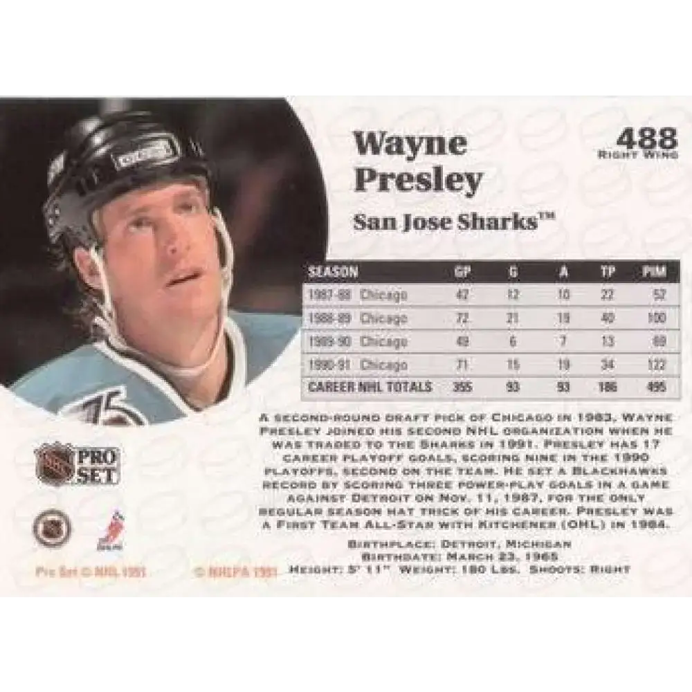 1991-92 Pro Set #488 Wayne Presley NM-MT St. Louis Blues Hockey Card - Hockey Card Single
