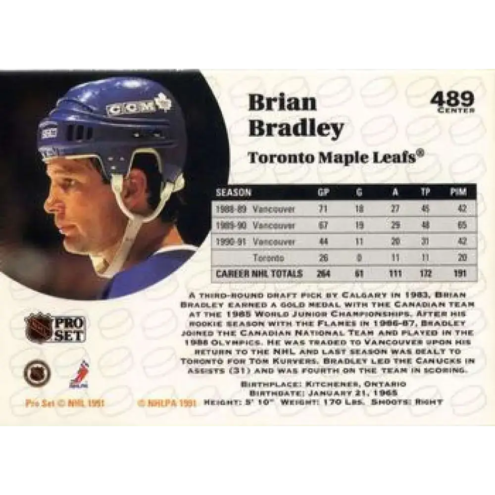 1991-92 Pro Set #489 Brian Bradley NM-MT Toronto Maple Leafs Hockey Card - Hockey Card Single