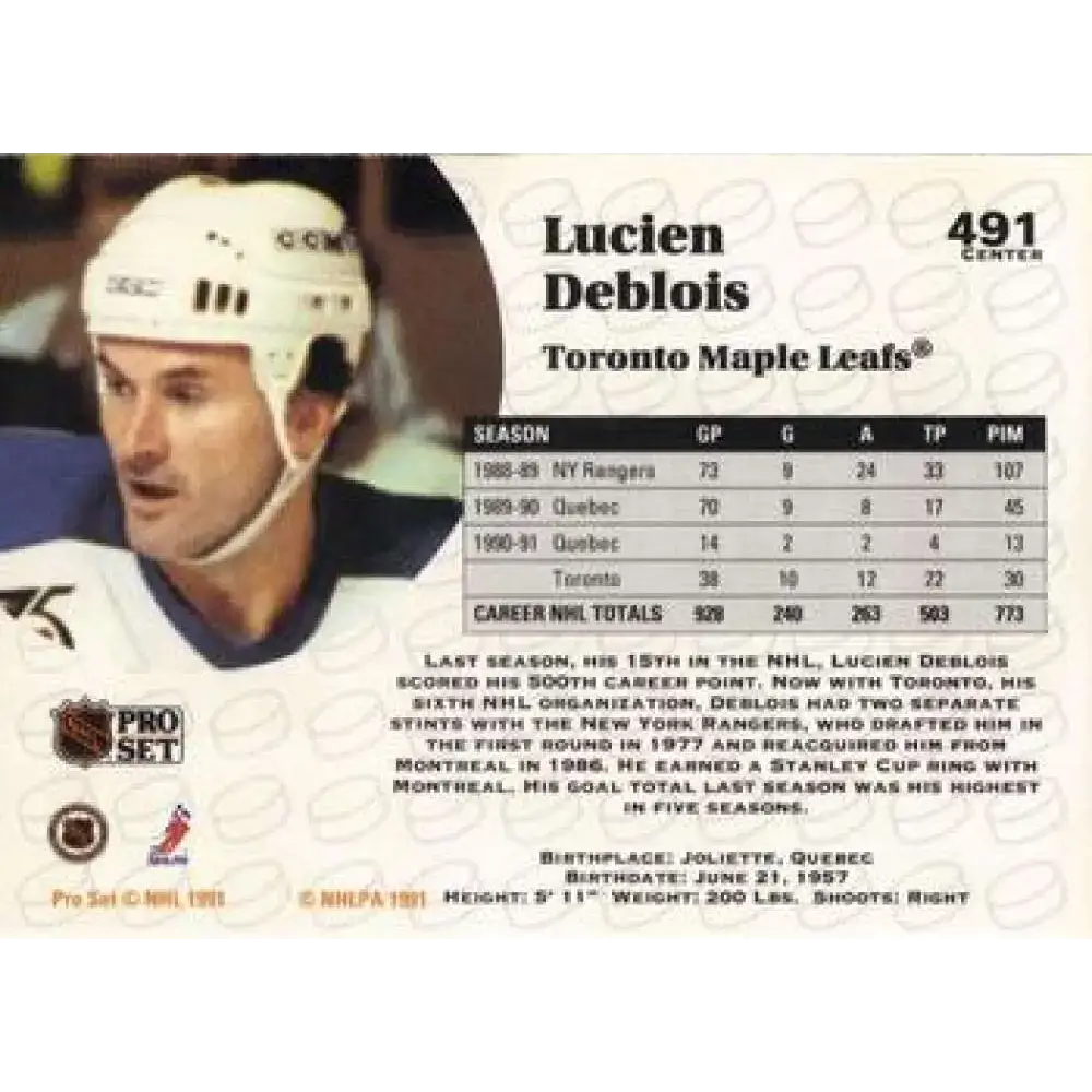 1991-92 Pro Set #491 Lucien DeBlois NM-MT Toronto Maple Leafs Hockey Card - Hockey Card Single