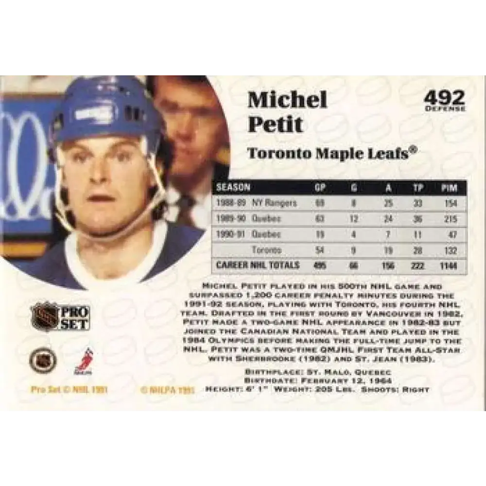 1991-92 Pro Set #492 Michel Petit NM-MT Toronto Maple Leafs Hockey Card - Hockey Card Single