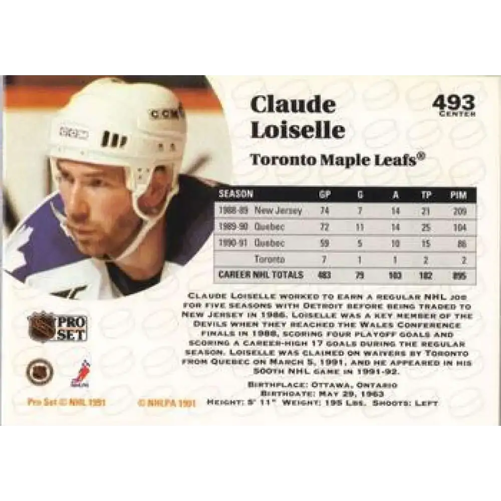 1991-92 Pro Set #493 Claude Loiselle NM-MT Toronto Maple Leafs Hockey Card - Hockey Card Single