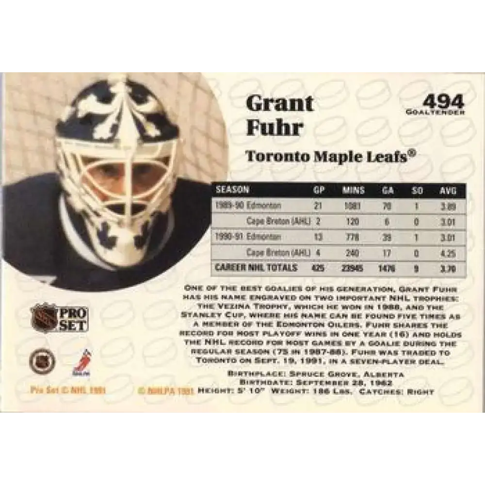 1991-92 Pro Set #494 Grant Fuhr NM-MT Toronto Maple Leafs Hockey Card - Hockey Card Single