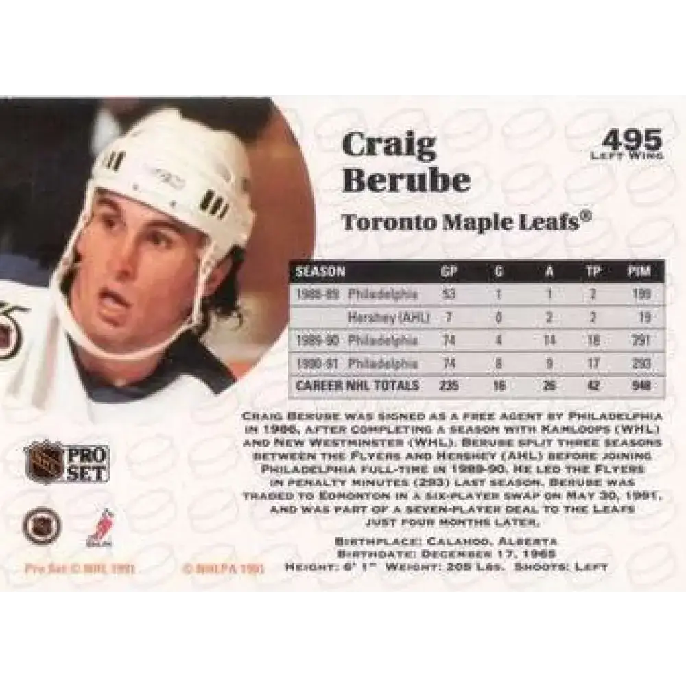 1991-92 Pro Set #495 Craig Berube NM-MT Toronto Maple Leafs Hockey Card - Hockey Card Single