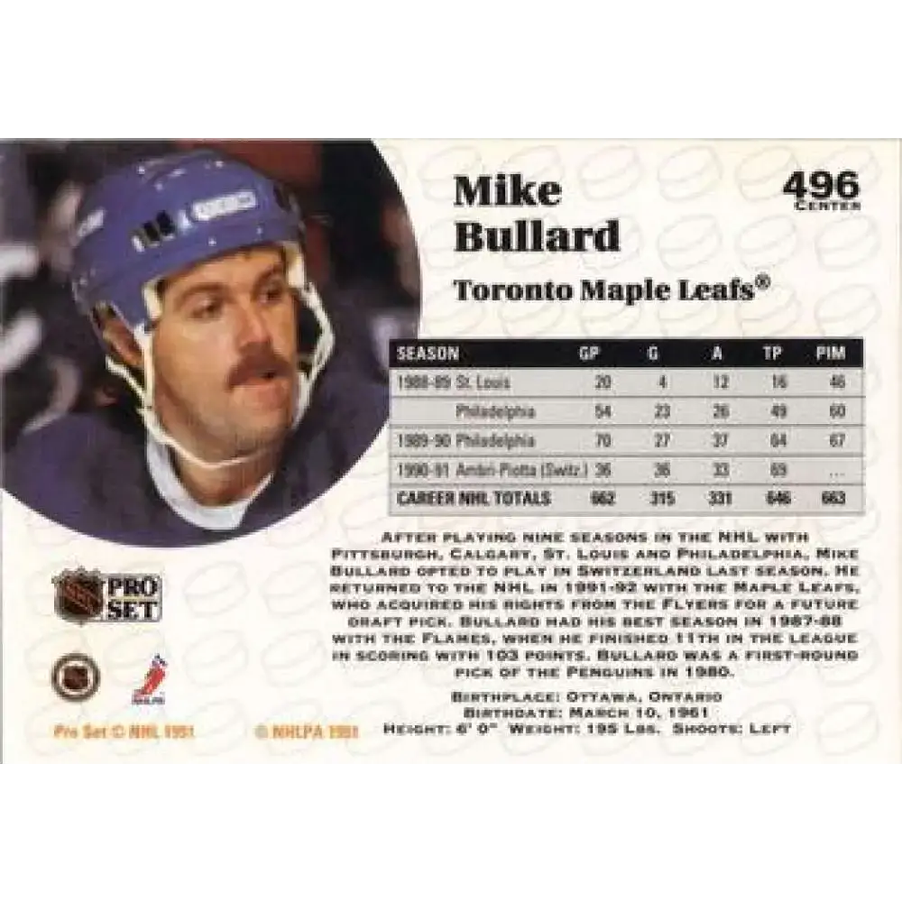 1991-92 Pro Set #496 Mike Bullard NM-MT Toronto Maple Leafs Hockey Card - Hockey Card Single