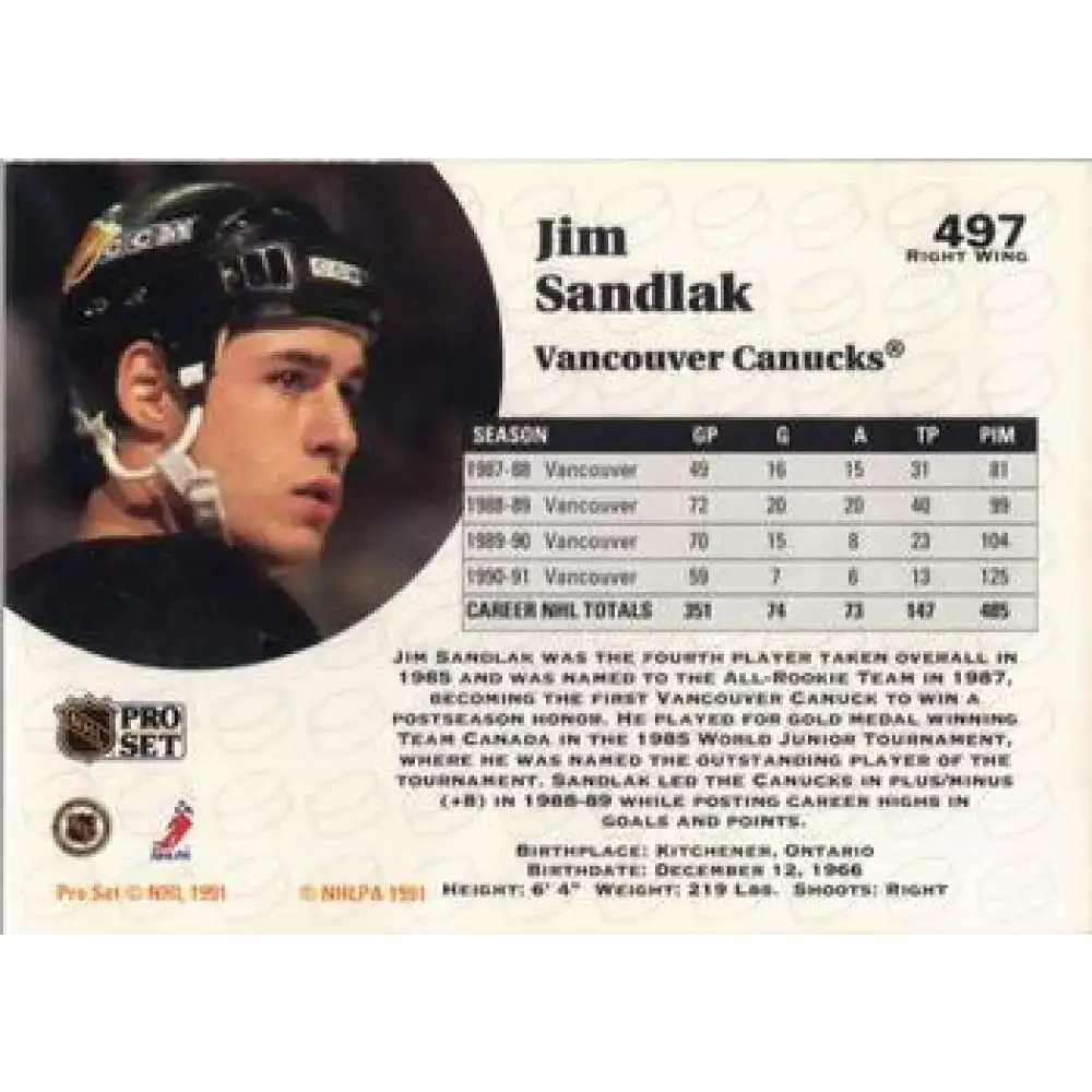 1991-92 Pro Set #497 Jim Sandlak NM-MT Vancouver Canucks Hockey Card - Hockey Card Single