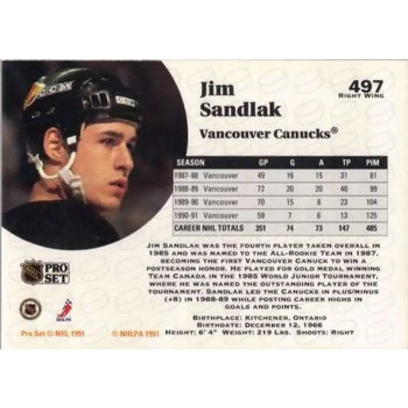 1991-92 Pro Set #497 Jim Sandlak NM-MT Vancouver Canucks Hockey Card - Hockey Card Single
