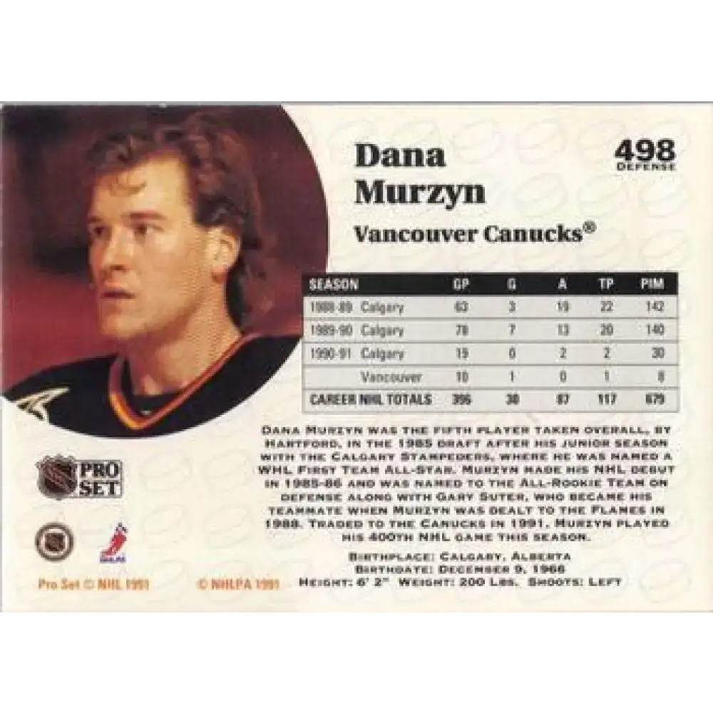 1991-92 Pro Set #498 Dana Murzyn NM-MT Vancouver Canucks Hockey Card - Hockey Card Single