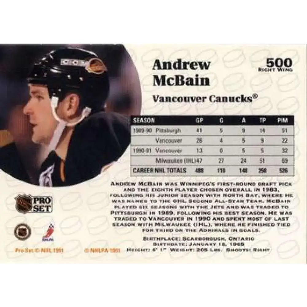 1991-92 Pro Set #500 Andrew McBain NM-MT Vancouver Canucks Hockey Card - Hockey Card Single