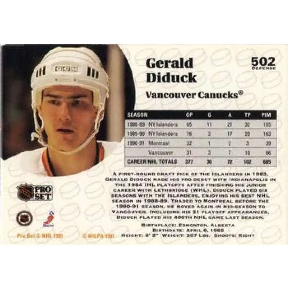 1991-92 Pro Set #502 Gerald Diduck NM-MT Vancouver Canucks Hockey Card - Hockey Card Single