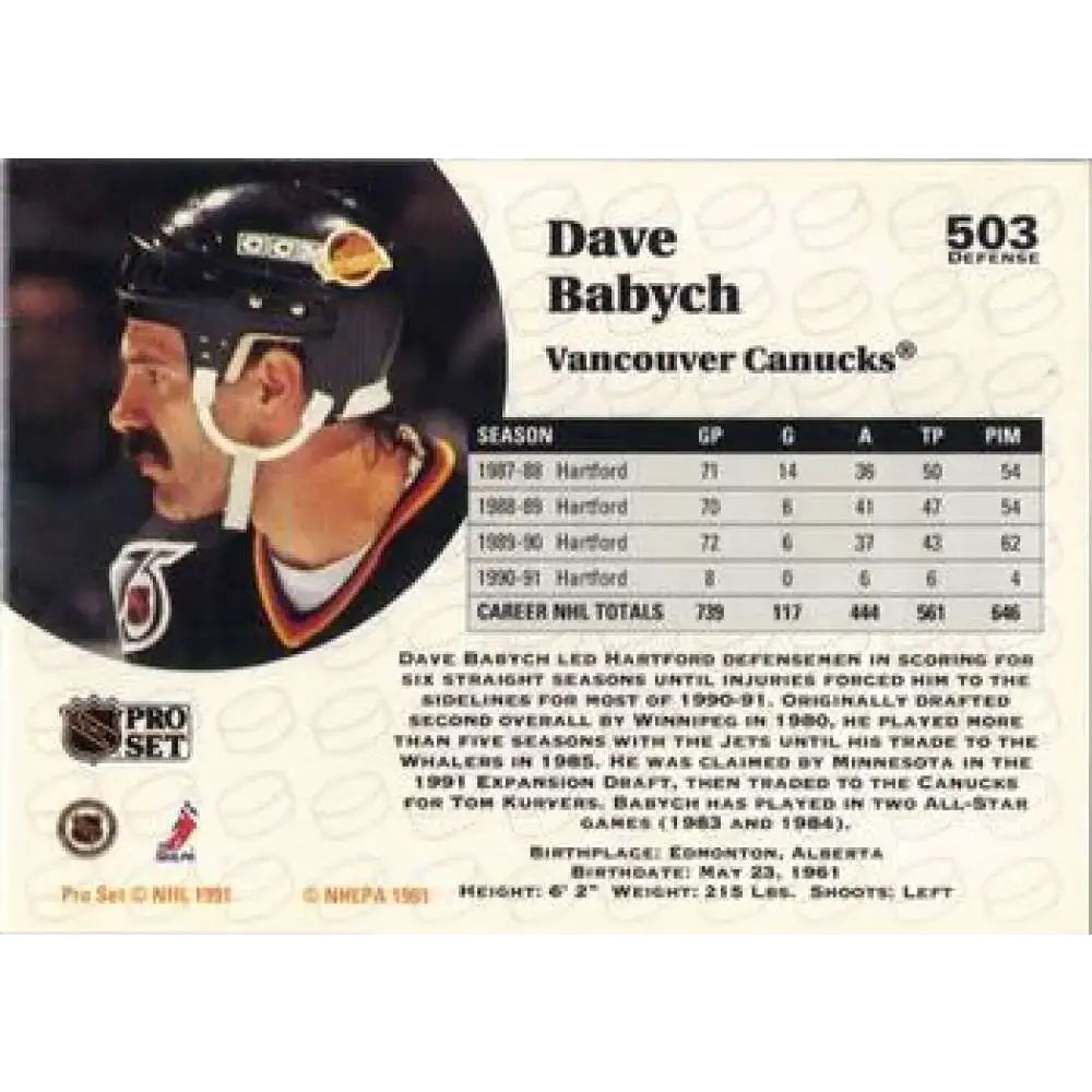1991-92 Pro Set #503 Dave Babych NM-MT Vancouver Canucks Hockey Card - Hockey Card Single