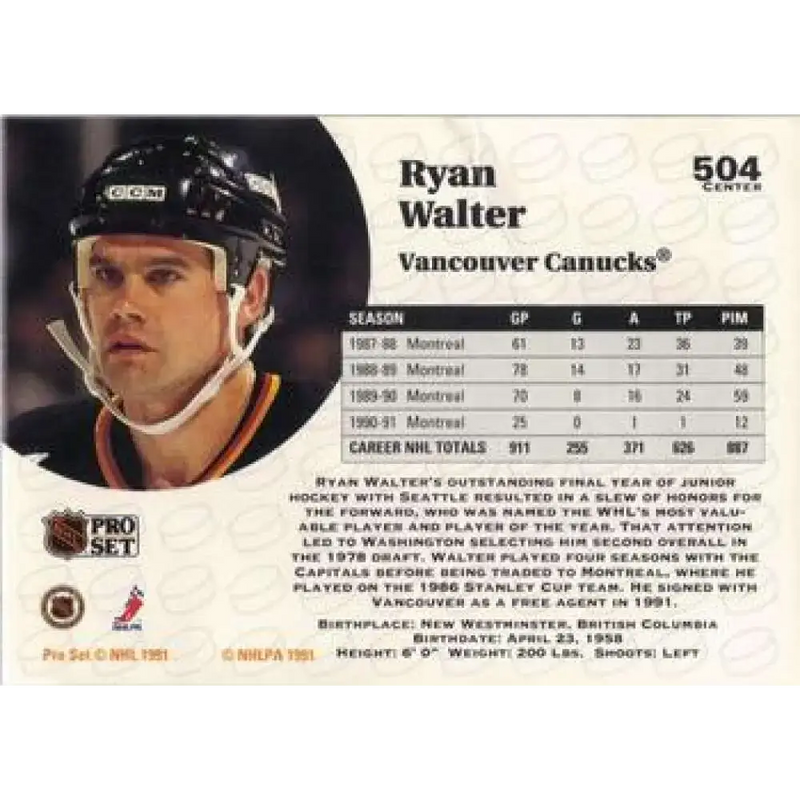 1991-92 Pro Set #504 Ryan Walter NM-MT Vancouver Canucks Hockey Card - Hockey Card Single