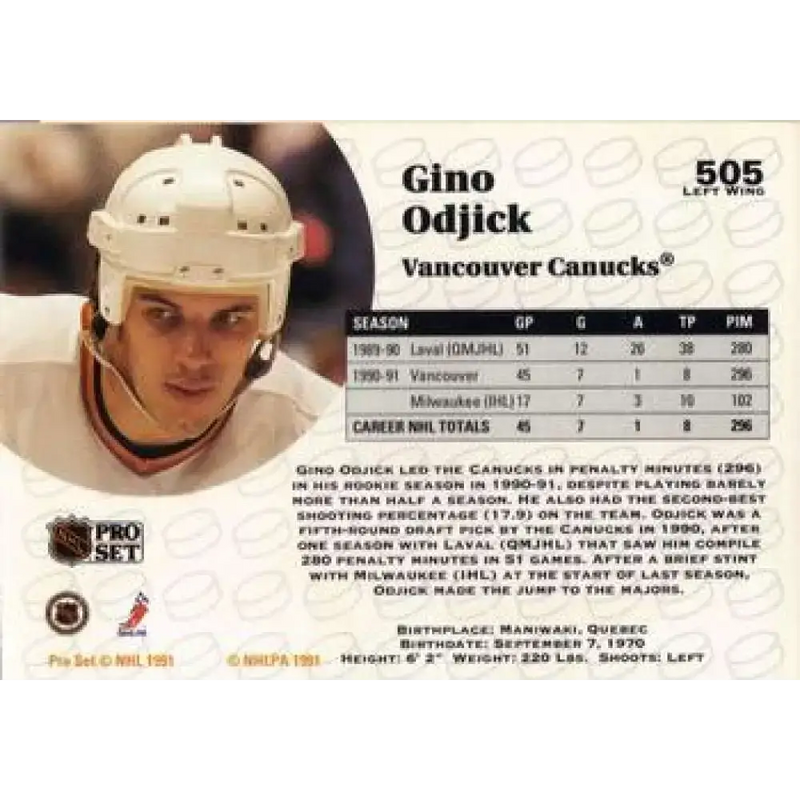 1991-92 Pro Set #505 Gino Odjick NM-MT Vancouver Canucks Hockey Card - Hockey Card Single