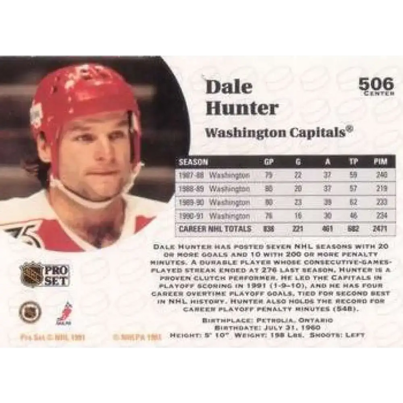 1991-92 Pro Set #506 Dale Hunter NM-MT Washington Capitals Hockey Card - Hockey Card Single