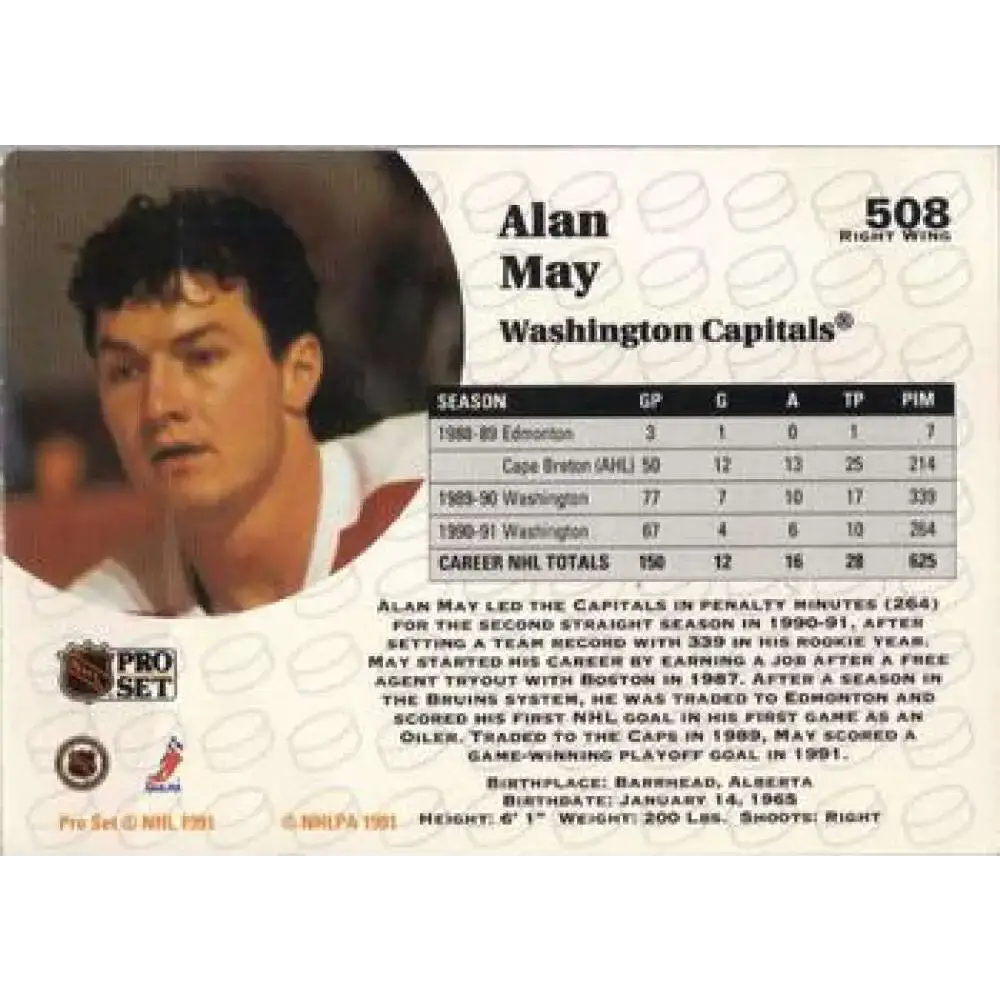 1991-92 Pro Set #508 Alan May NM-MT Washington Capitals Hockey Card - Hockey Card Single
