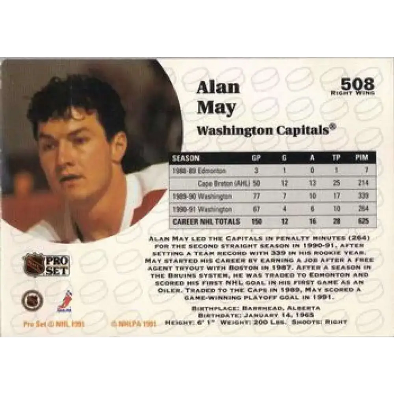 1991-92 Pro Set #508 Alan May NM-MT Washington Capitals Hockey Card - Hockey Card Single