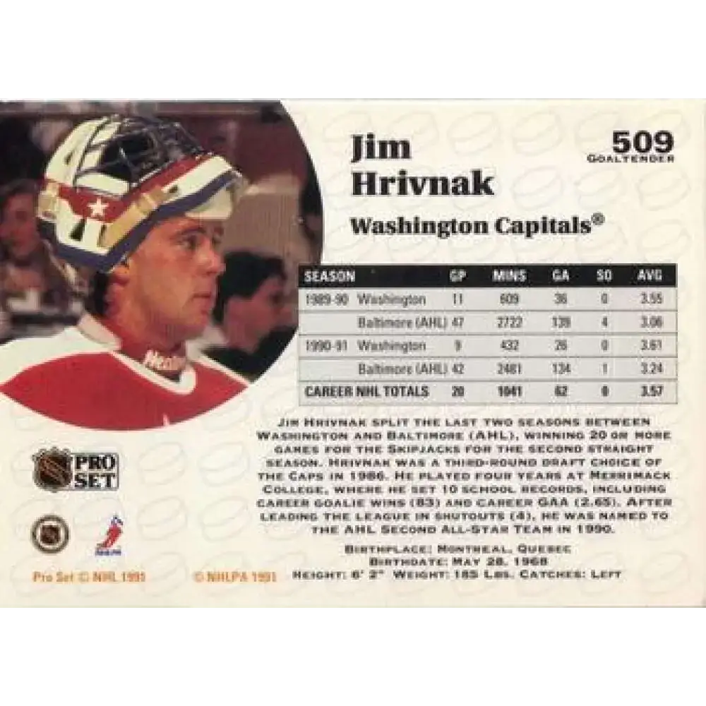 1991-92 Pro Set #509 Jim Hrivnak NM-MT Washington Capitals Hockey Card - Hockey Card Single